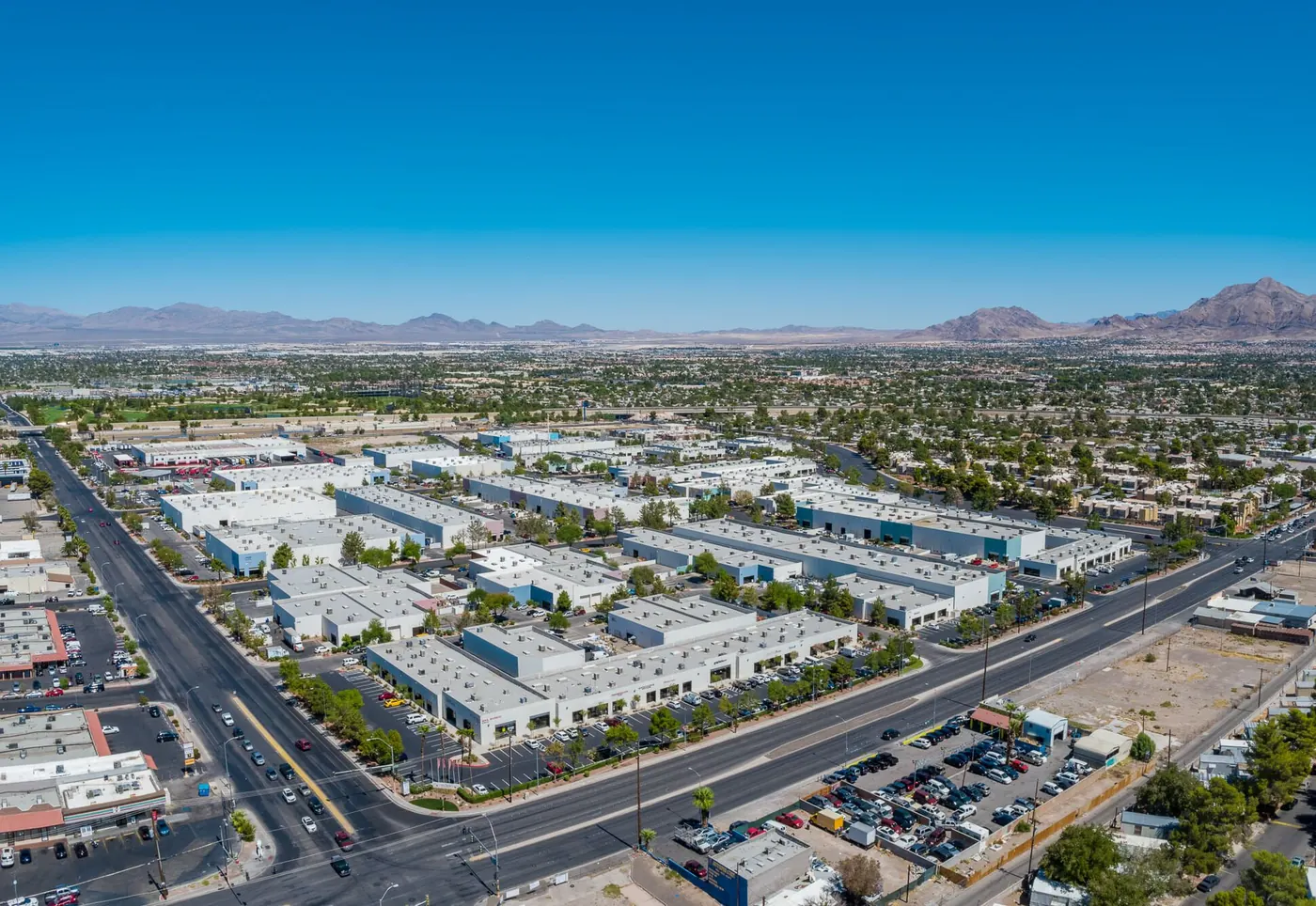 Aerial view of The Spectrum business park in Las Vegas with mountains on the horizon